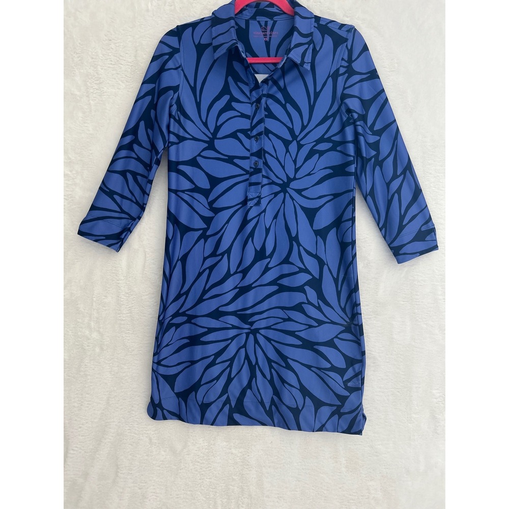 Vineyard Vines Women XS Blue Floral Petal Print 3/4 Sleeve Shirt Dress‎ Preppy